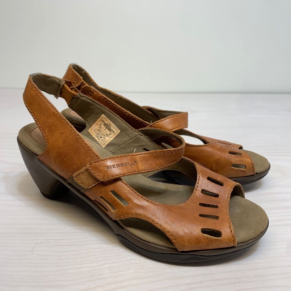 MERRELL Sandals Womens 7.5 Cycling Slingback Brown Leather J58052 Cone Heels
